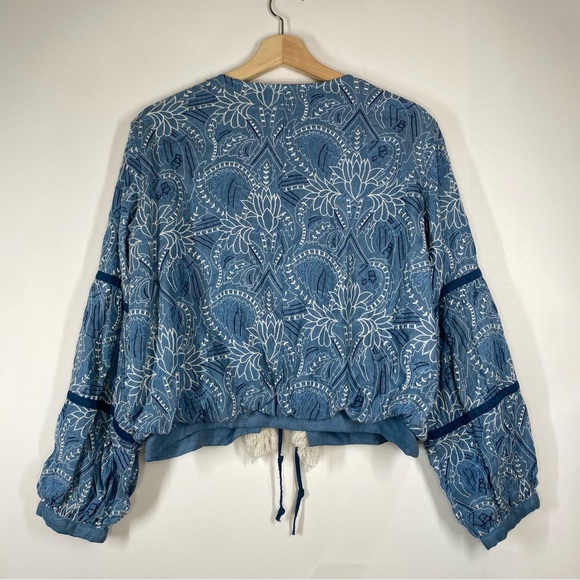 Zara Blue Embroidered Open Front Fringe Jacket Size S Whimsical Artsy Festival - Picture 10 of 16